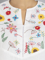 White Cotton Floral Embroidered Yoke Straight Kurta from Shaye , Kurta for women